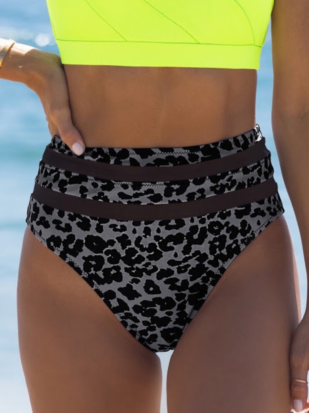 High-Waist Black & Gray Leopard Print Swim Bottoms